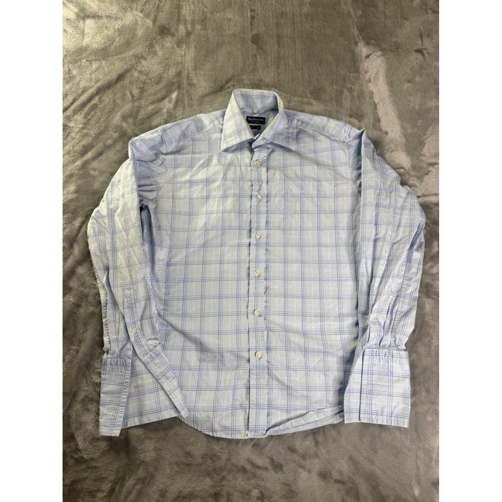 Burberrys Of London Dress Shirt Mens L Light Blue Check Plaid French Long Sleeve